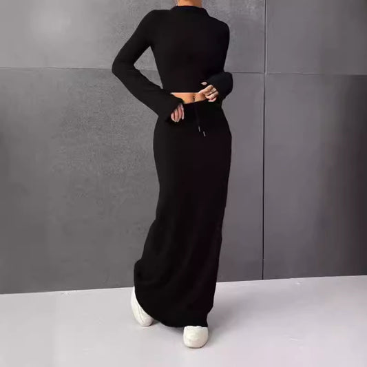 Casual Solid Color Long Sleeve Crop Top + Maxi Skirt Women's 2-Piece Set