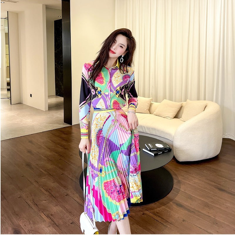 Baroque Chain Print Long Sleeve Women's Turn-Down Collar Blouse + Pleated Midi Skirt Two Piece Set