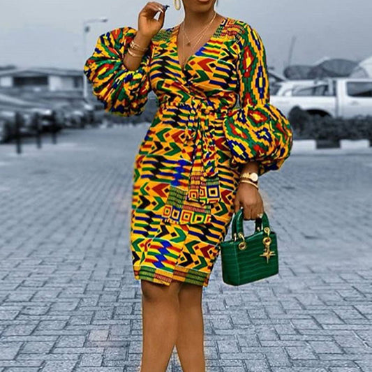 African Daishiki Print Long Puff Sleeve V-Neck Belted Midi Dress