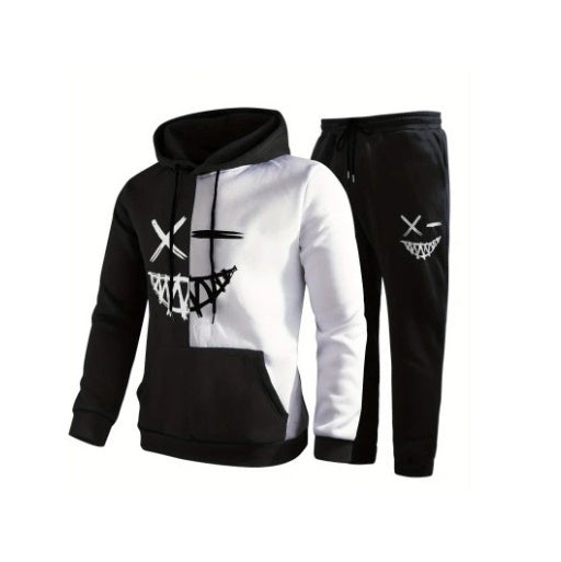 Men's Colorblock Hip-Hop Emoji Print Pocketed Long Sleeve Hoodie Sweatshirt + Drawstring Sweatpants Tracksuit to 6X Big & Tall