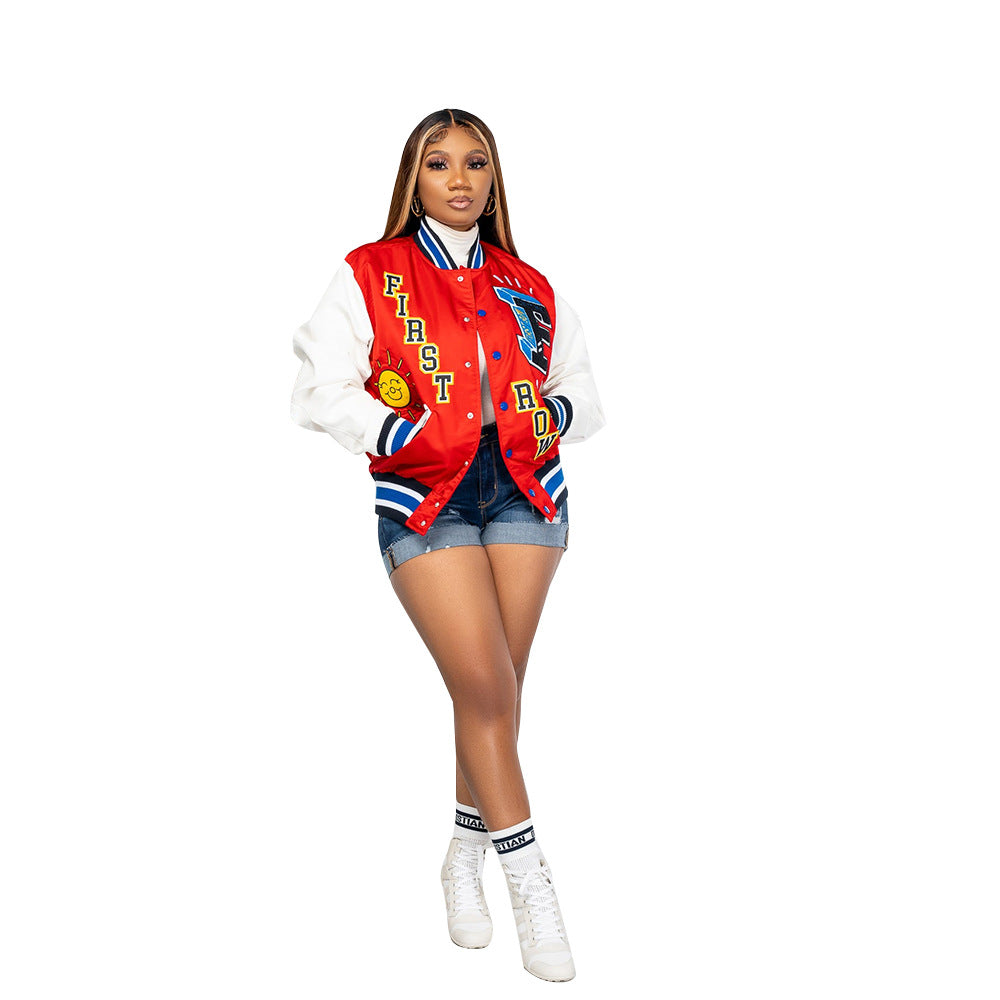 Floral Hip-Hop Design Women's Button-Up Baseball Varsity Bomber Jacket