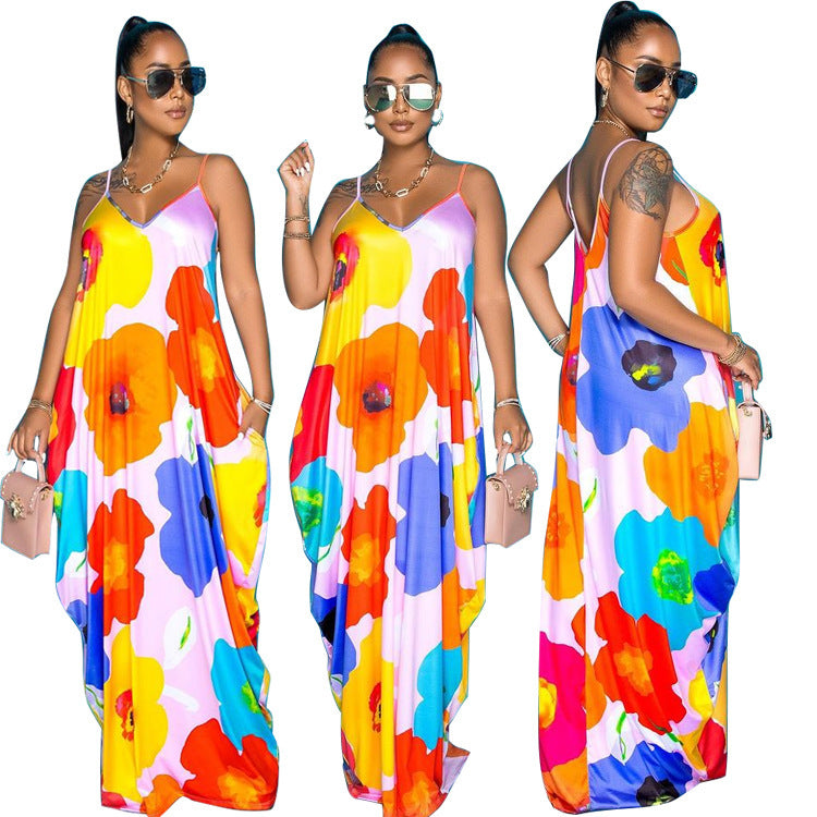 Pastel Big Flower Print Pocketed Loose Spaghetti Strap Harem Maxi Dress