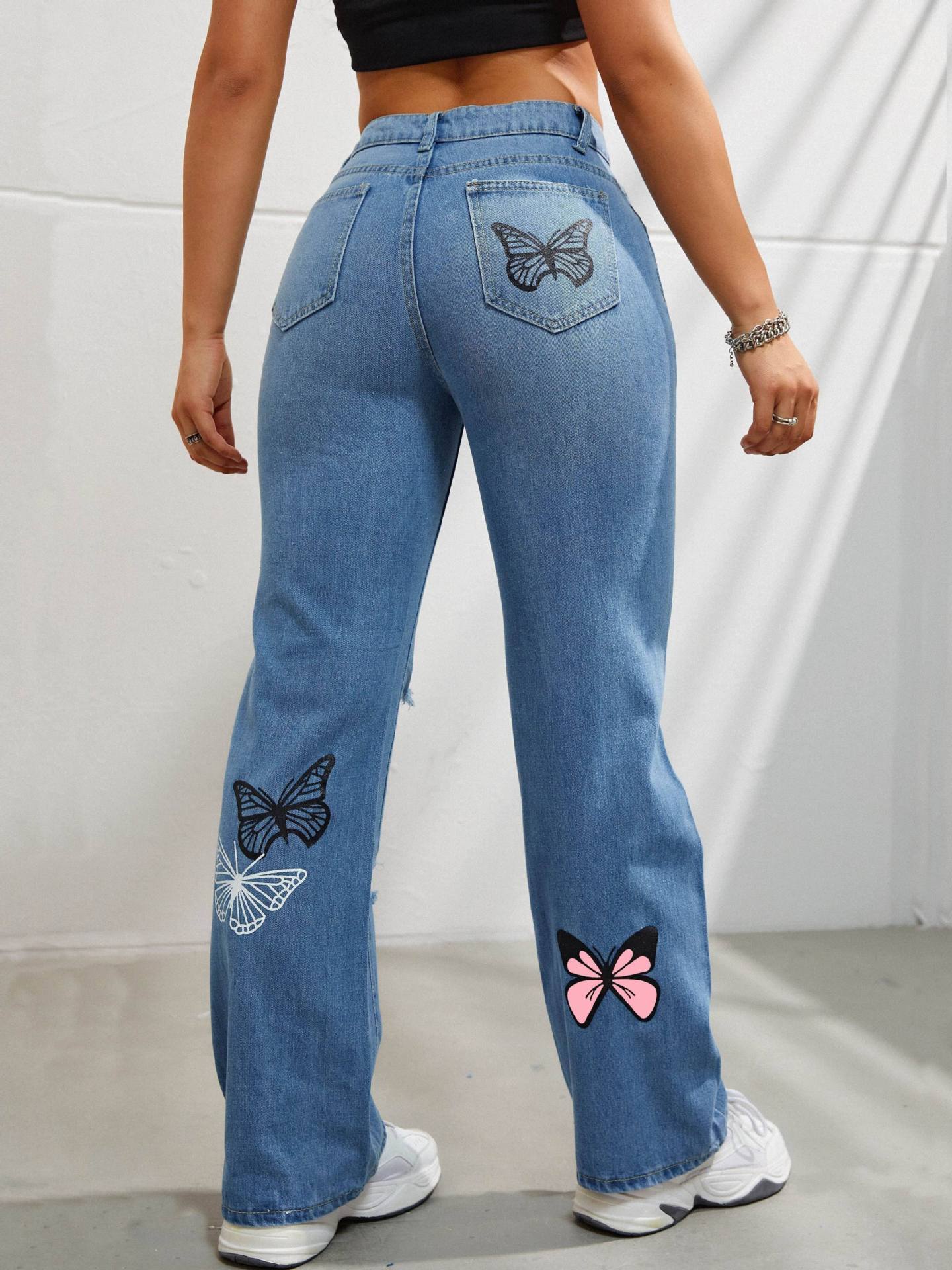 Butterfly Print Ripped Washed Distressed 5-Pocket Design Denim Women's Jeans