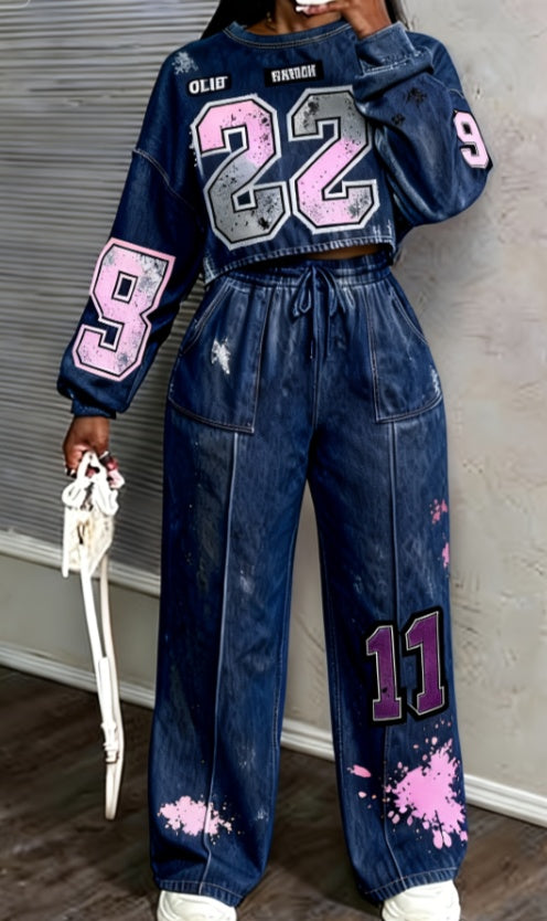 Streetwear Letter Print Women's Long Sleeve Cropped O-Neck Sweatshirt + Drawstring Pleated Sweatpants 2-Piece Set to 3X Plus Size