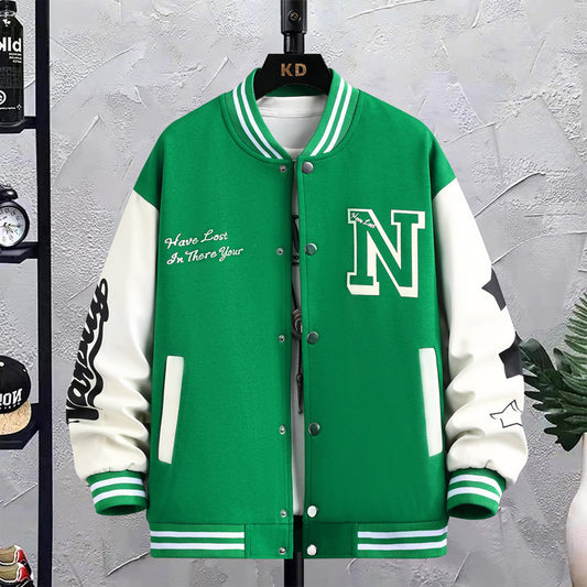 Men's Colorblock Letter Print Loose Button-Up O-Neck Hip-Hop Baseball Varsity Bomber Letterman's Jacket