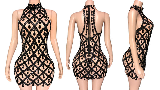 Diamond Sequin Mesh Geometric Hollow-Out Design Sleeveless Mini Zipper Back Formal Mini Dress