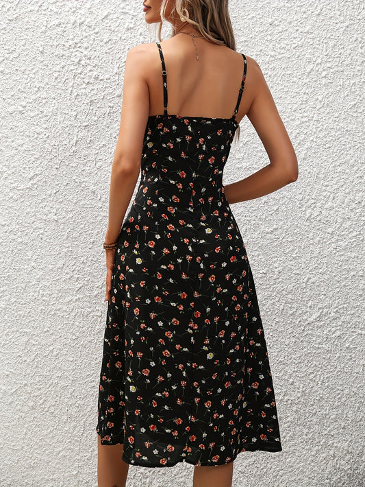Polka Dot Print Cami Suspender High Slit Sun Dress