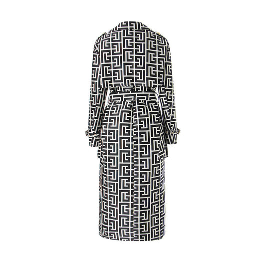 Vintage Black/White Geometric Print Gold Button Detail Double Breasted Women's Turn-Down Collar Trenchcoat to 3X Plus Size w/ Belt