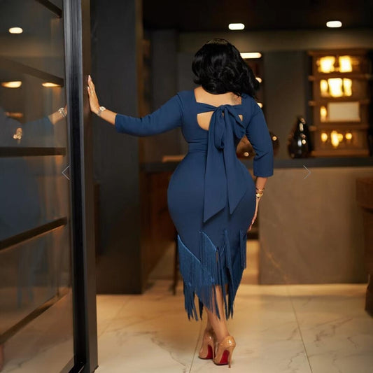 Diagnol Fringe Tassel Hem Back Bowknot Design Long Sleeve Midi Dress to 3X Plus Size