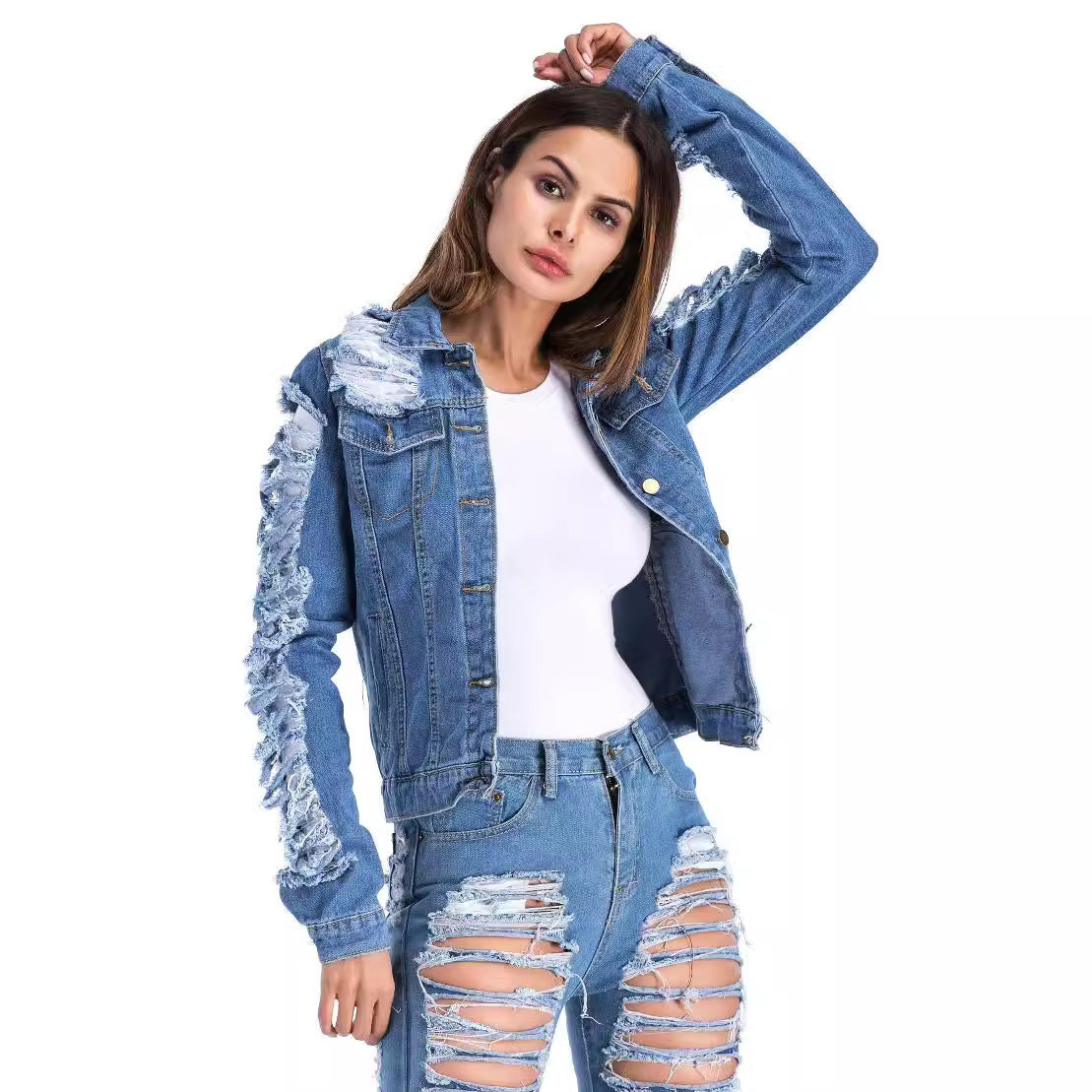 Denim Ripped Fringe Design Women's Jean Jacket