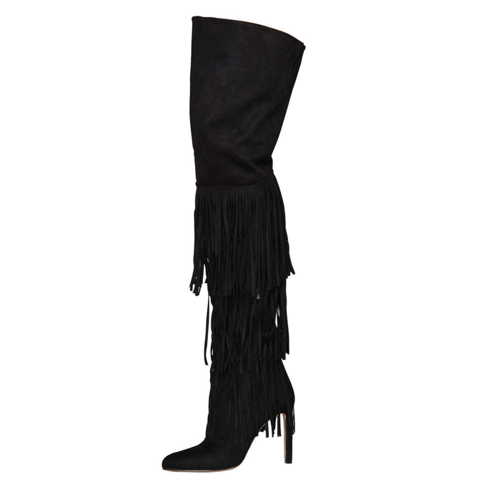 Black Fringe Tassel Fringe High Heel Over-the-Knee Boots