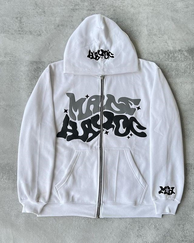 Men's Squiggly Letter Print Zipper Hoodie Sweatshirt