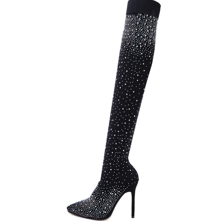 Black Rhinestone Embellished High Heel Over-the-Knee Pointed Toe Thin Heel Stretch Boots