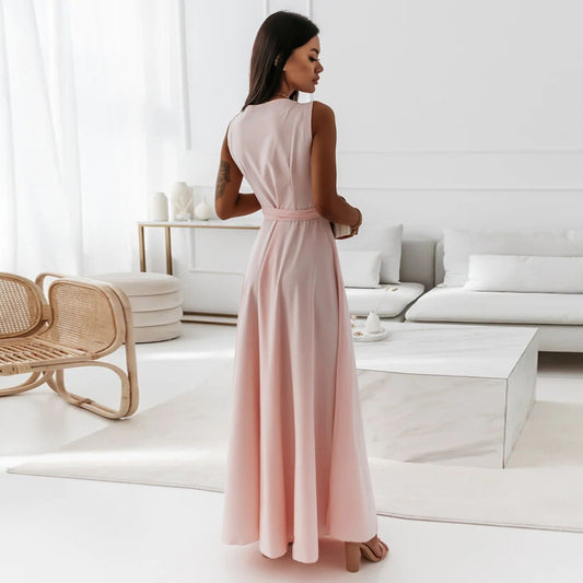Solid Color V-Neck Sleeveless Belted Party Evening Maxi Wrap Dress