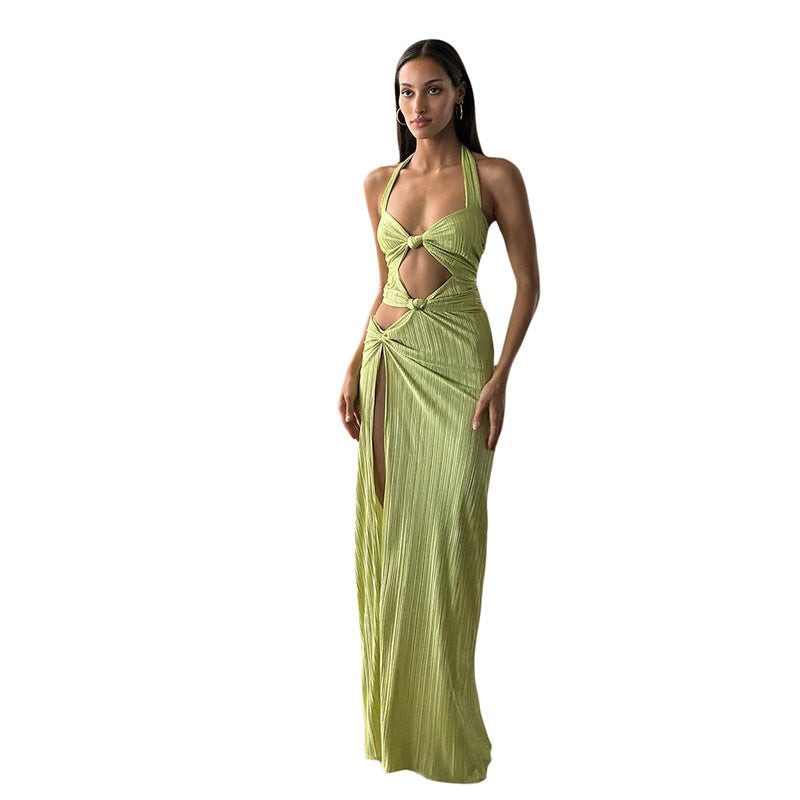 Mint Green Ribbed Hollow-Out Sleeveless Halter High Slit Formal Maxi Party/Prom Dress