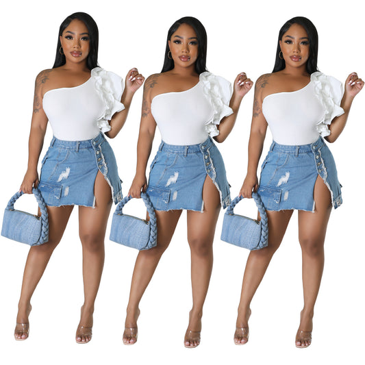 Denim Button Cargo Pocketed Ripped Women's Mini High Slit Jean Skirt
