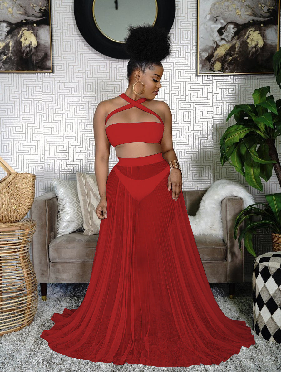 Criss-Cross Strap Bikini Swimsuit+ Mesh Transparent Flowing Maxi Skirt + 3-Piece Swimwear Cover-Up Set