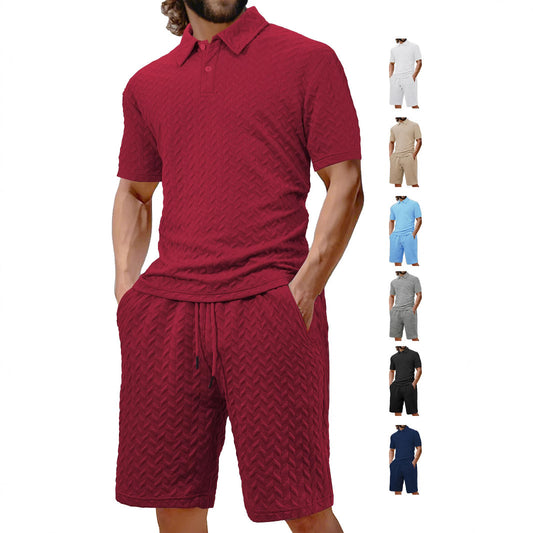 Men's Zigzag Knit Short Sleeve Turn-Down Collar Solid Color Polo Shirt + Shorts 2-Piece Set