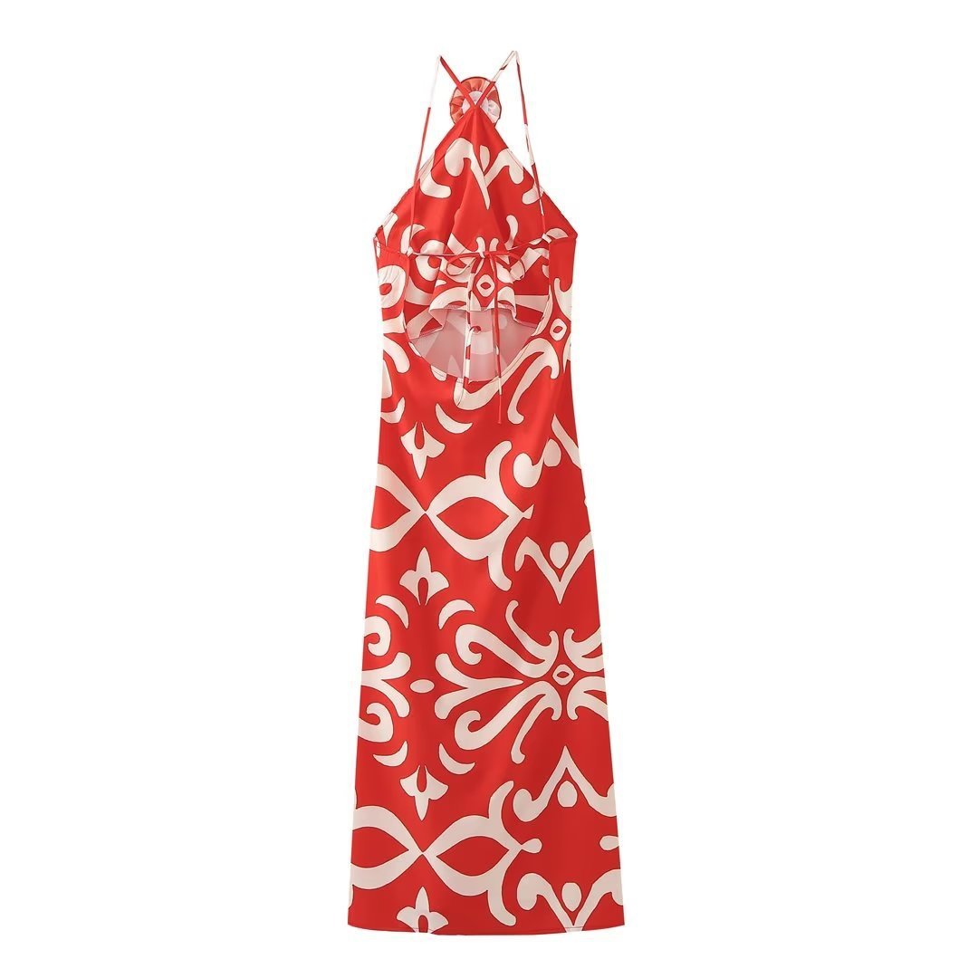 Red/White Rose Flower Embroidered Design Halter Backless Maxi Dress