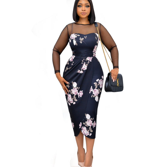 Sheer Transparent Top Design Floral/Zebra/Houndstooth Print Ruched Long Sleeve Dress