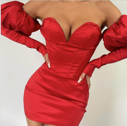 Red Off-the-Shoulder Deep V-Neck Ruched Puff Sleeve Corset Top Formal Mini Dress