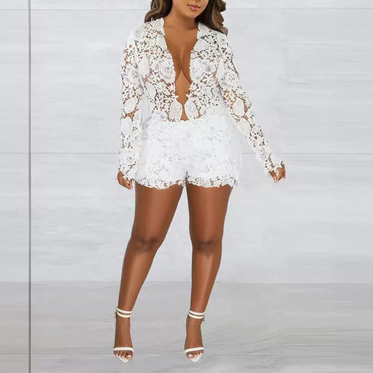 White Lace Transparent Hollow-Out Open Long Sleeve + Shorts Women's Formal 2-Piece Set