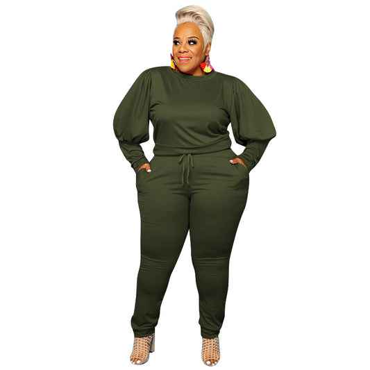 Puffed Batwing Sleeve O-Neck Solid Color Shirt + Sweatpants Two-Piece Women's Set to 5X Plus Size