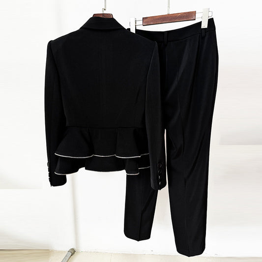 Black Ruffled Hem Women's Blazer Jacket + Zipper Design Skinny Pants Formal Suit