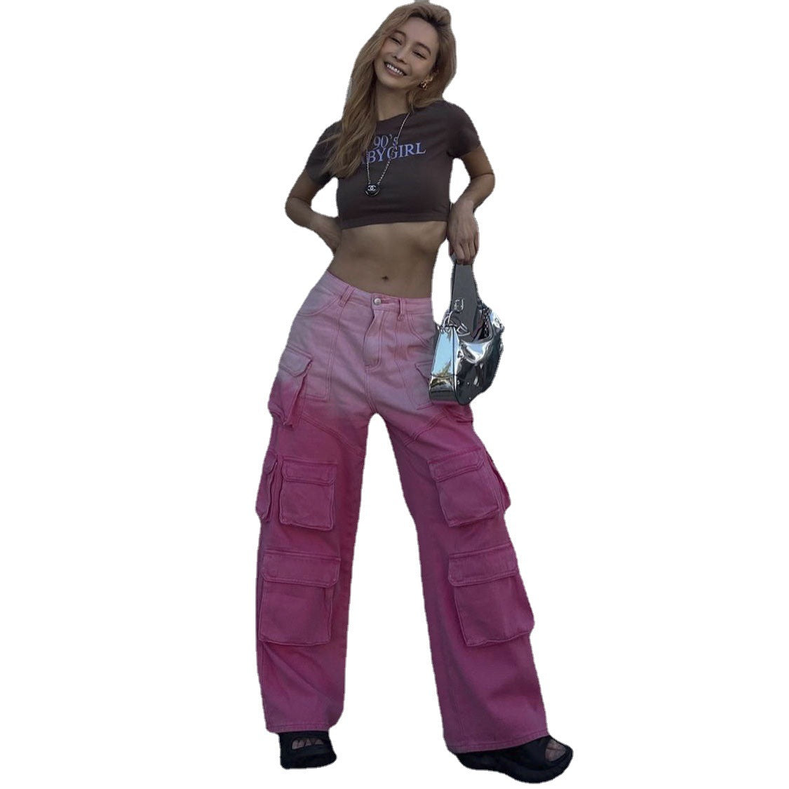 Denim Light Pink/Hot Pink 2-Tone Colorblock Women's Multi-Pocketed Wide Leg Cargo Jeans