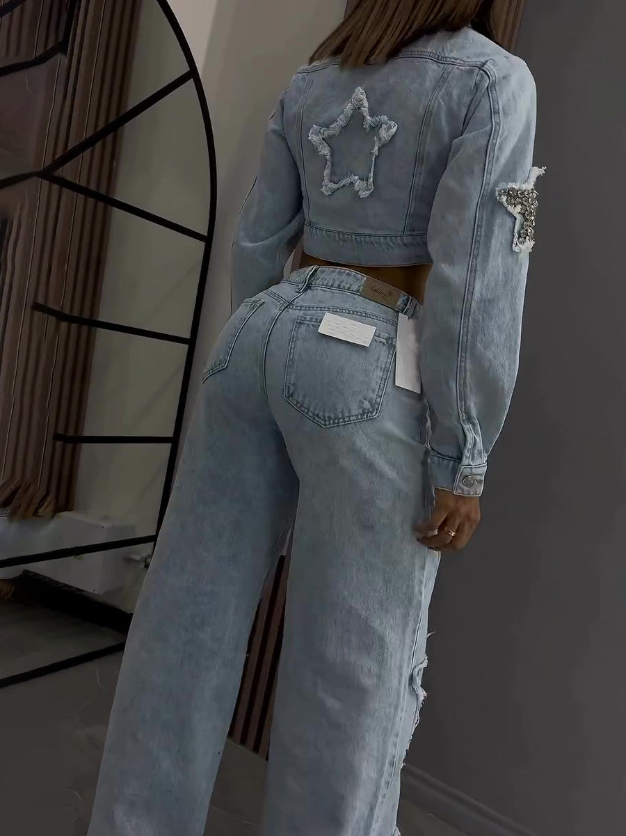 Denim Embellished Star Tassel Fringe Pattern Light Blue Diamond Patchwork Long Sleeve Crop Jean Jacket + Streetwear Jeans Women's 2-Piece Set