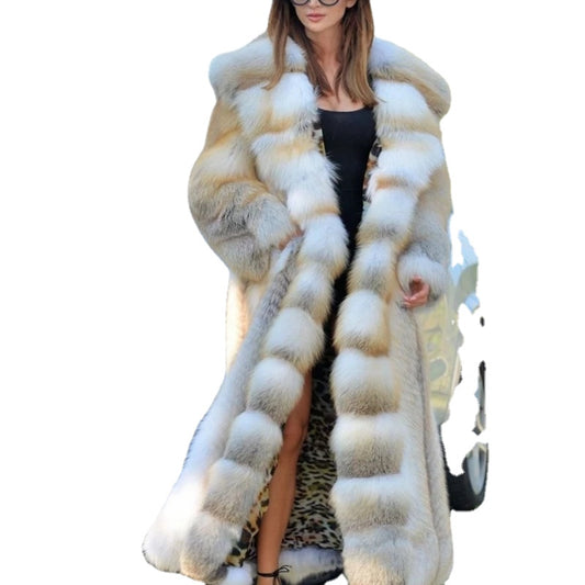 White/Gold Faux Fur Colorblock Women's Oversized Hooded Trenchcoat
