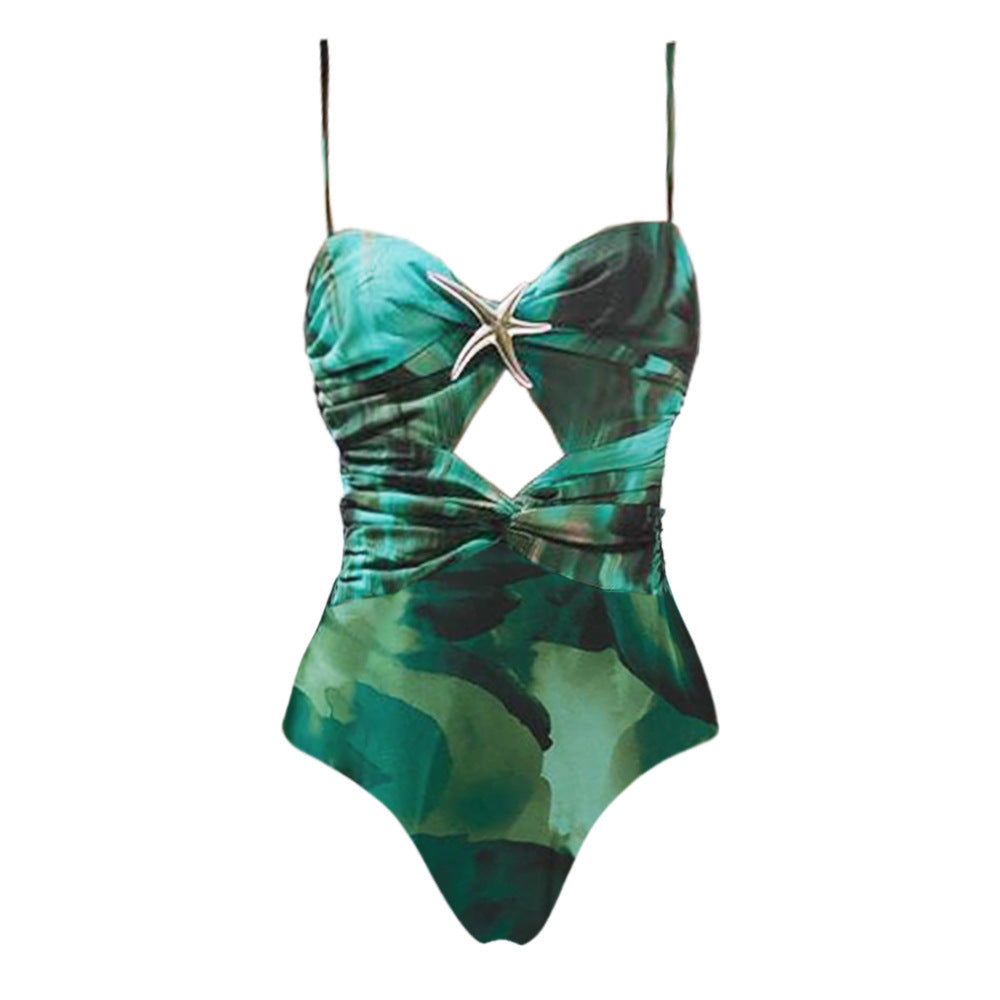 Black/Green Printed Gold Starfish Pendant Decor One-Piece Hollow-Out Swimsuit w/ Maxi Sarong Skirt 2-Piece Swimwear Set