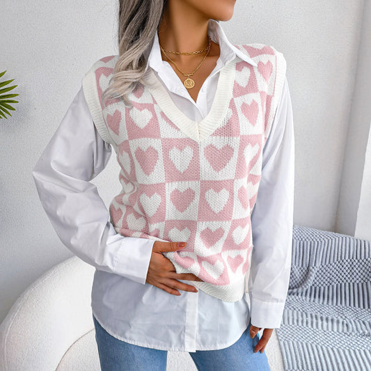 Preppy Colorblock Heart Print Women's V-Neck Knitted Sweater Vest