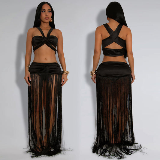Sleeveless Criss-Cross Back Crop Top + Tassel Fringe Maxi Skirt Women's 2-Piece Set