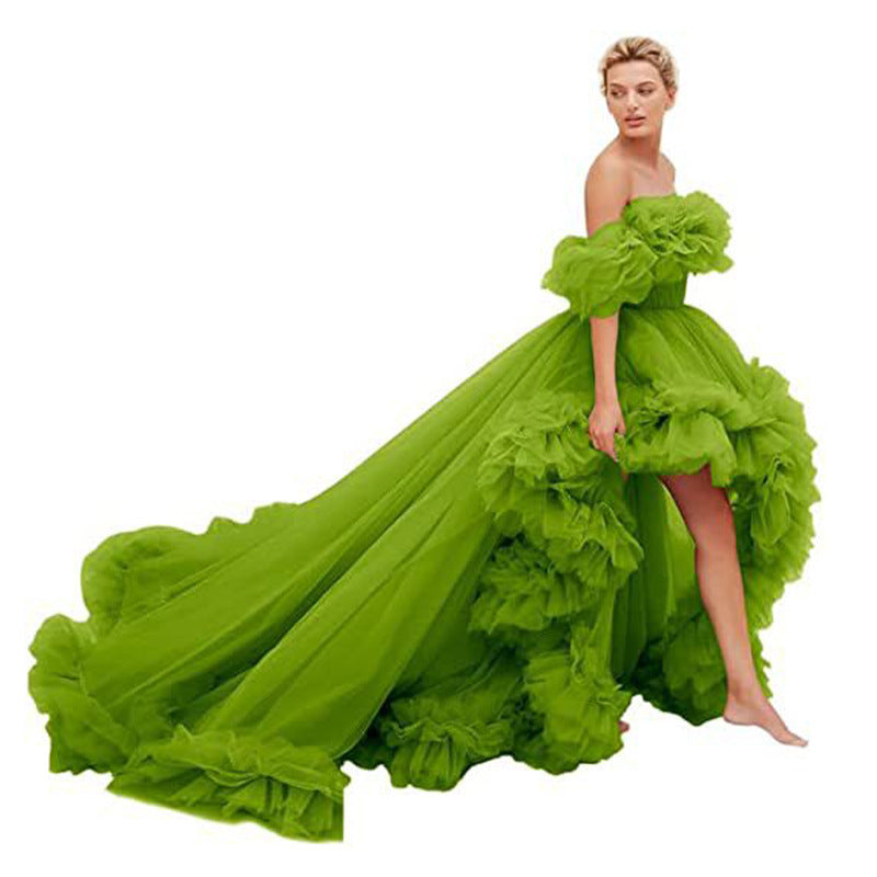 Oversized Ruffled High Low Tulle Off-the-Shoulder Long Tail Party/Prom/ Photoshoot Evening Gown Formal Dress