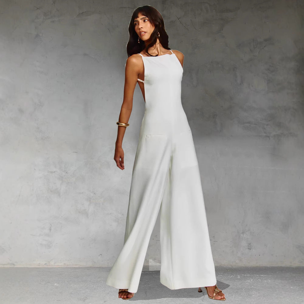 Wide Leg Solid Color Backless Suspender Sleeveless Wide Leg Women's Jumpsuit