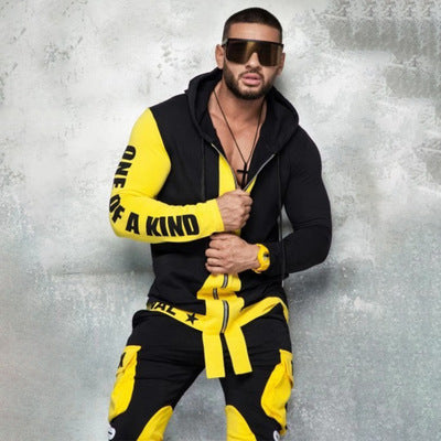 Men's Colorblock Letter Print Hip-Hop Zipper Hoodie Jacket + Skinny Jogger Sweatpants Tracksuit