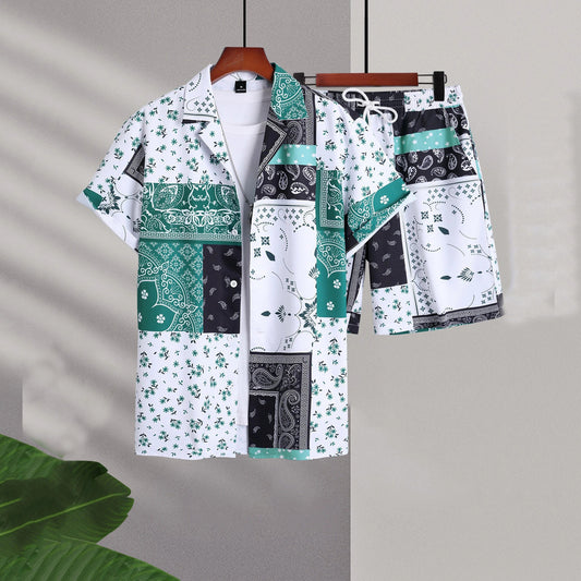 Men's Paisley Colorblock Bandana Print Turn-Down Collar Short Sleeve Shirt + Matching Shorts 2-Piece Set