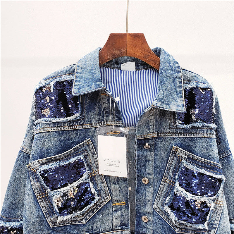 Denim Sequin Double Pocket Long Sleeve Women's Jean Jacket