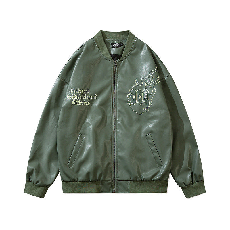 Men's PU Leather Loose Baseball Hip-Hop Turn-Down Collar Zipper Bomber Jacket