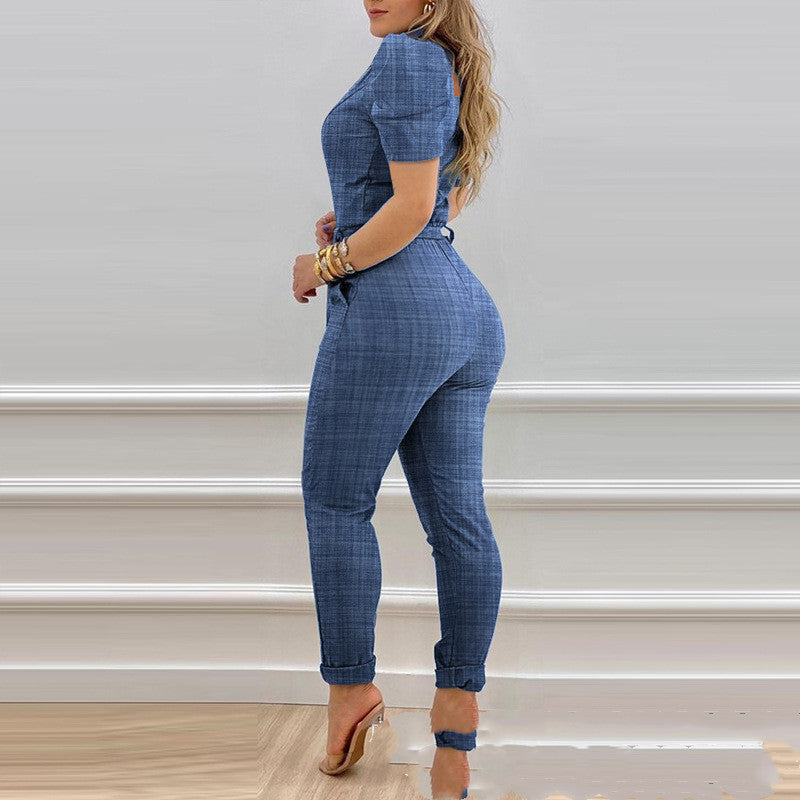 Blue Plaid Pattern Short Puff Sleeve Zipper Front Lace-Up Women's Jumpsuit