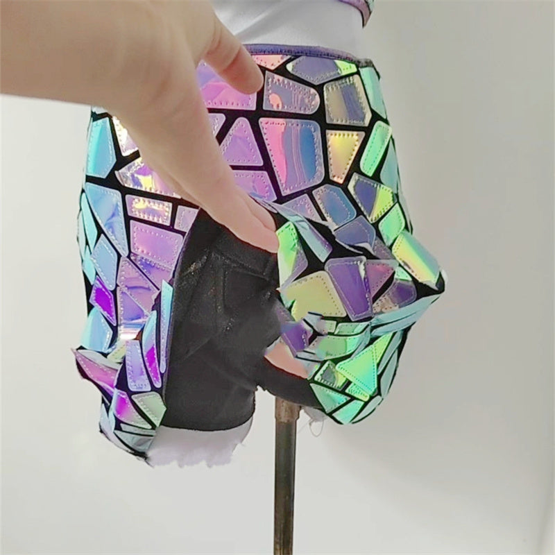 Metallic Silver Purple Geometric Print Sleeveless Crop Top + Mini Skirt 2-Piece Set