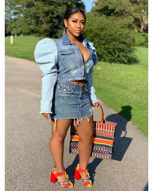 Denim Colorblock Patchwork Bubble Balloon Sleeve Women's Jean Jacket to 3X Plus Size