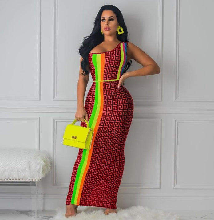 Geometric Asymmetrical One Shoulder Neon Side Striped Print Maxi Dress