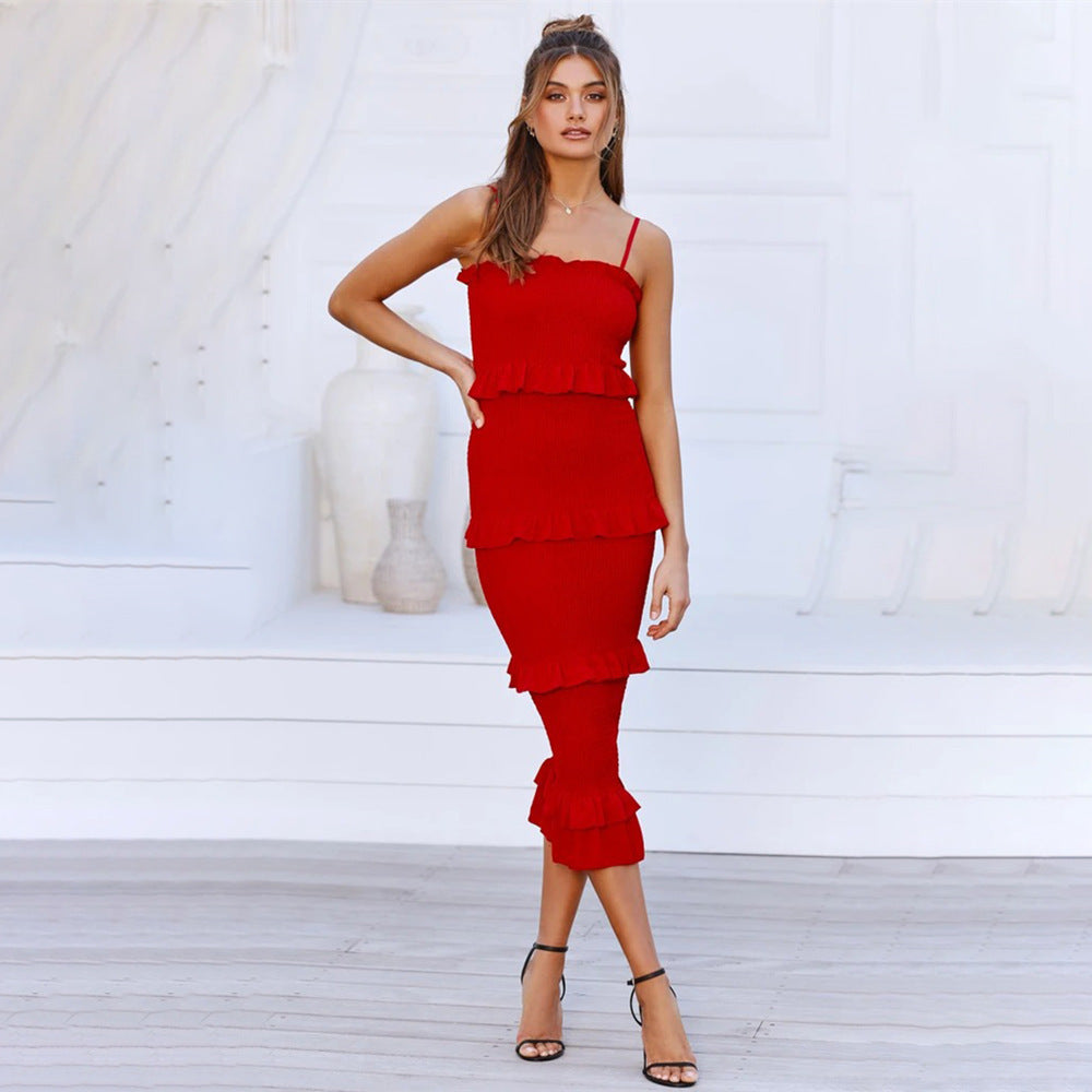 Tiered Spaghetti Strap Pleated Maxi Cake Dress