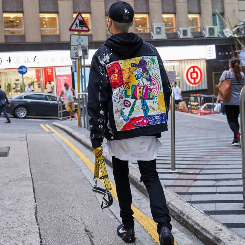 Men's Painted Back Abstract Art Portrait Print Loose Jean Jacket
