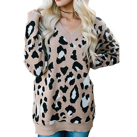 Leopard Jacquard Print V-Neck Women's Long Sleeve Sweater