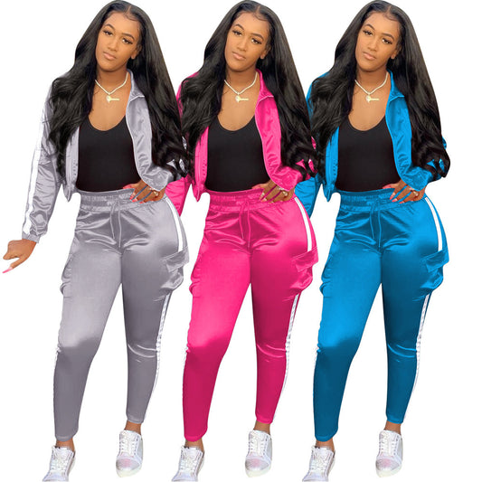 Reflective Side Striped Ruched Zipper Athleseuire Jacket + Cargo Pocketed Jogger Sweatpants Women's Tracksuit