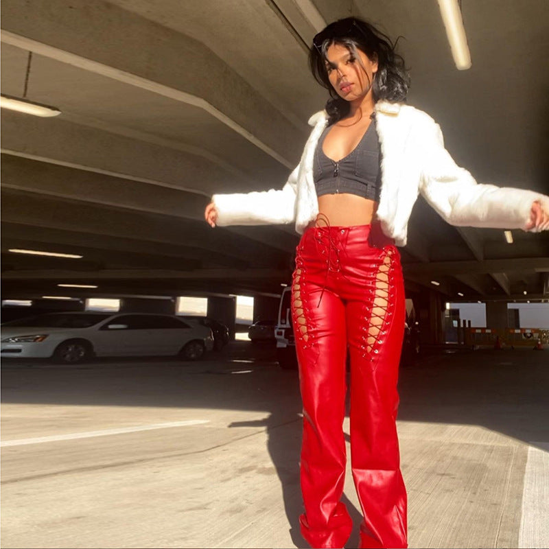 Hollow-Out Faux Leather Straight Women's Ankle Pants