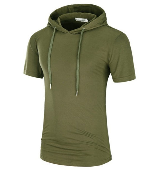 Men's Camo/Solid Color Print Short Sleeve Drawstring Hoodie Shirt